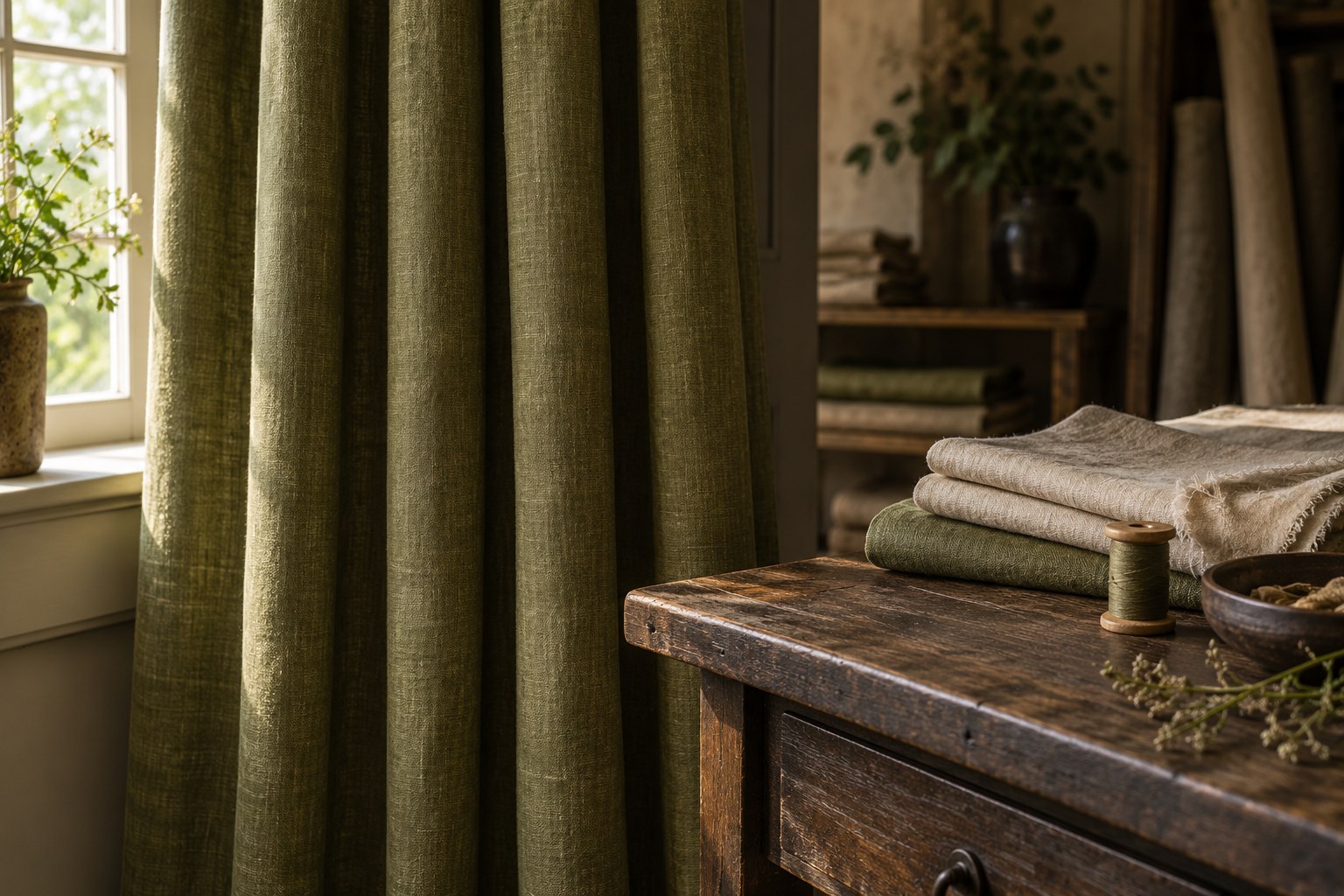 Linen folds and soft green textiles